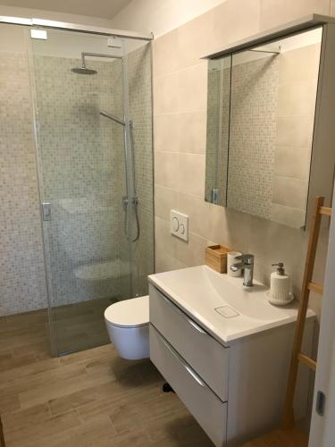 een badkamer met een douche, een toilet en een wastafel bij Apartment Nona Ervina in Koper