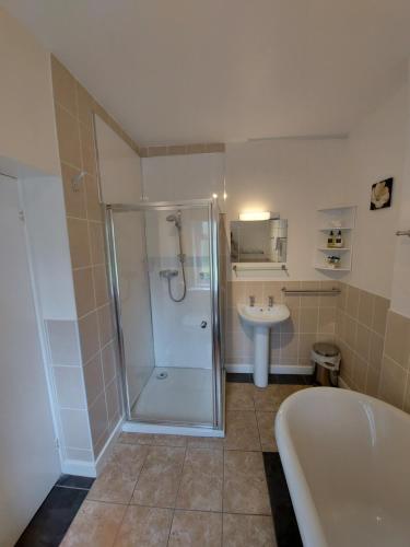 a bathroom with a shower and a sink at Glenwood Guesthouse Betws-y-coed in Betws-y-coed