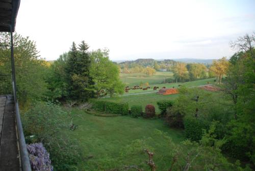 a view of a garden from a house at B&B Chateau le Bois in Saint-Julien-aux-Bois