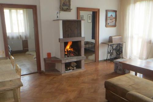 克雷姆尼察的住宿－Byt v Kremnici，客厅位于中间,设有壁炉
