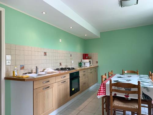 uma cozinha com paredes verdes, uma mesa e um balcão em Spacieuse maison dans un parc privée em Vareilles