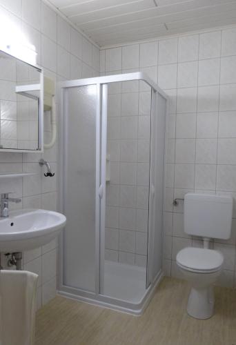 a bathroom with a shower and a toilet and a sink at Gästehaus Gabriel in Illmitz
