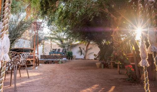 a garden with a tree and chairs and a table at Villa Can Kiko in Dahab