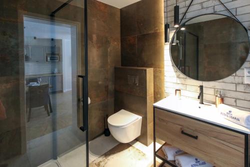 a bathroom with a toilet and a sink and a mirror at Apartamenty Royal Maris 7 - najlepsza lokalizacja w Ustce, blisko plaży i portu, bezpłatny parking, ścisłe centrum in Ustka