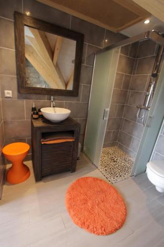 a bathroom with a sink and a toilet and a mirror at Loft "Home, Sauna & Pool" in Osenbach
