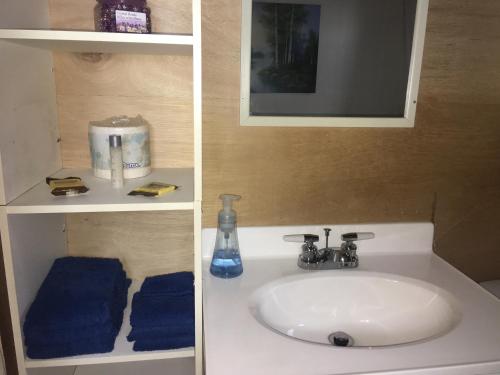 a bathroom sink with blue towels and a mirror at Maple Heart Ranch in Shawnigan Lake