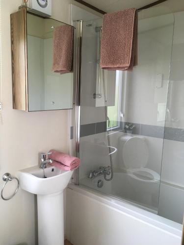 a white bathroom with a sink and a shower at BRANWOOD Luxury Caravan Holidays Newquay in Newquay