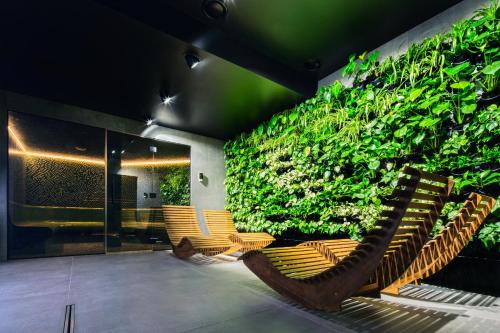 a lobby with chairs and a green wall at Green Deer Premium in Zakopane