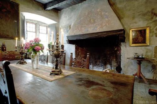 a living room with a fireplace and a table with flowers at B&B La Tour de Villa in Aosta