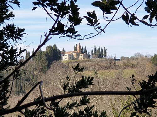 a house in a field with trees in the background at Agriturismo Villino del Grillo in San Gimignano