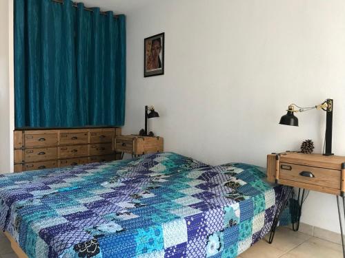 a bedroom with a bed and a blue curtain at Les Manades in Aigues-Mortes