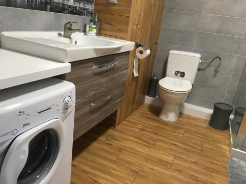W łazience znajduje się pralka i umywalka. w obiekcie Apartament Ełk Promenada w mieście Ełk