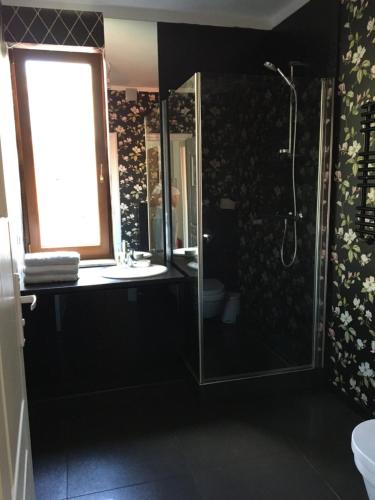 a bathroom with a shower and a sink and a mirror at Ełk Blue Apartment przy promenadzie in Ełk