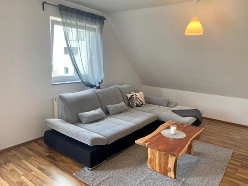a living room with a couch and a coffee table at Steigerwaldblick Apartments Burgebrach in Burgebrach