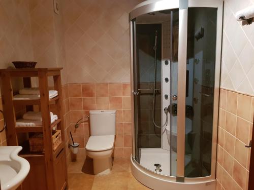 une salle de bain avec toilettes et douche en verre dans l'établissement Ca la Monica, à Torre de Fontaubella