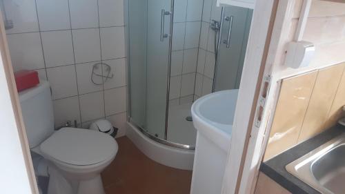 a bathroom with a toilet and a shower and a sink at jumi in Sławoszyno