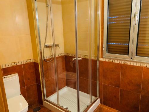 a shower stall in a bathroom with a toilet at Casa A Confianza in Isla de Arosa