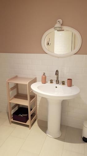 une salle de bain avec un lavabo blanc et un miroir dans l'établissement les chambres de Marthe, à Mesnay