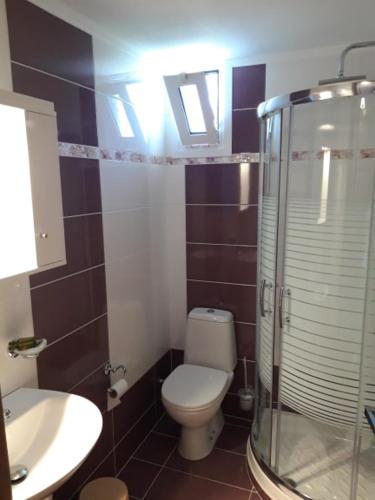uma casa de banho com um WC, um lavatório e um chuveiro em Nidri Studios Apartments em Nydri