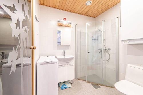 een badkamer met een douche, een wastafel en een toilet bij Taruilevi 2 - Villa Levin Taiga - Cabin Close to The Center of Levi in Kittilä