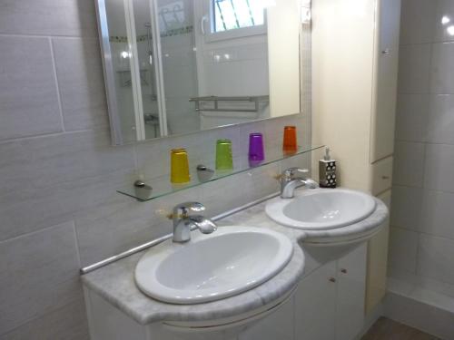 HOME VACANCES 4 étoiles par CDT DORDOGNE في Le Pizou: حمام مغسلتين ومرآة
