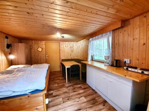 Una habitación con cama y una cocina en una cabaña en Feriensiedlung Schwalbennest, en Dranske