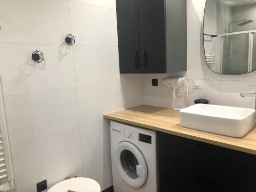 La salle de bains est pourvue d'un lave-linge et d'un miroir. dans l'établissement Le Petit Caillebotis, à La Rochelle