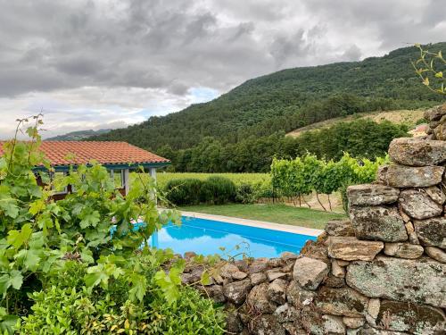 a swimming pool in a yard with a stone wall at Casa Grande do Seixo in Vidago