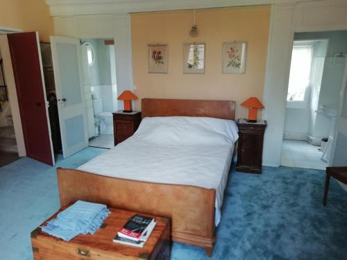 a bedroom with a large bed and two night stands at Le gite du Clos in Ver-sur-Mer