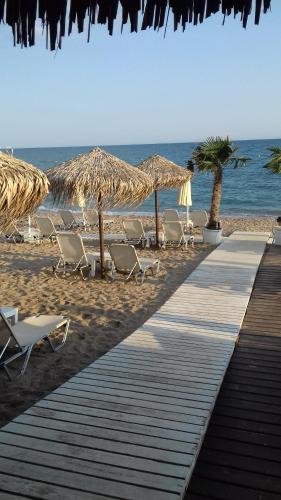 a row of chairs and umbrellas on a beach at HILI RESORT LUXURIOUS SEASIDE APARTMENT in Alexandroupoli