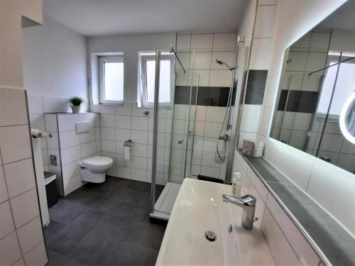 a bathroom with a sink and a shower and a toilet at Hill43 Ferienwohnung Tuttlingen in Tuttlingen