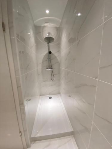 een witte badkamer met een douche met licht bij Le Nid du Faubourg in Beaune