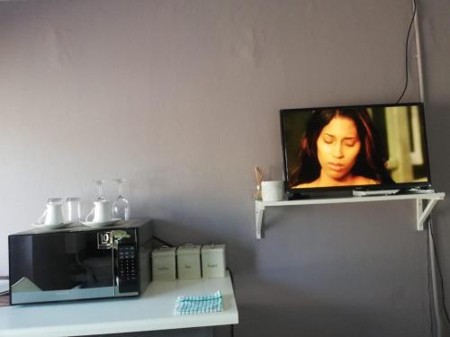 a tv sitting on a shelf next to a microwave at Puleng's Granny Flat in Richards Bay