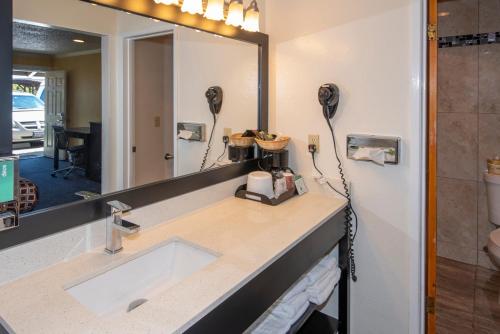 a bathroom with a sink and a mirror at Surf Motel and Gardens in Fort Bragg