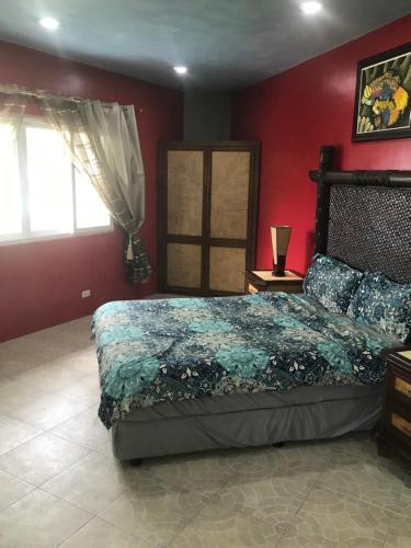a bedroom with a large bed with red walls at Cabilao Sunset Dive & Beach Resort in Loon