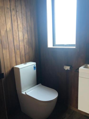 a white toilet in a bathroom with a window at Antlers Rest - Twizel in Twizel