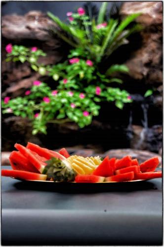 a plate of vegetables on a table with a plant at Gondwana City Art in Noumea