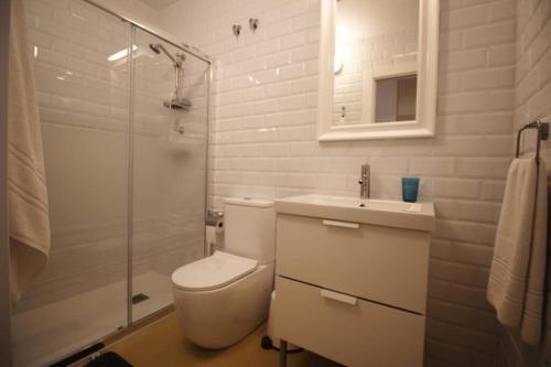a bathroom with a toilet and a sink and a shower at Pequeño Apartamento en Somo in Somo