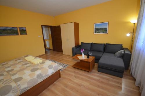 ein Wohnzimmer mit einem Bett und einem Sofa in der Unterkunft Apartmány Best I. Bešeňová in Bešeňová