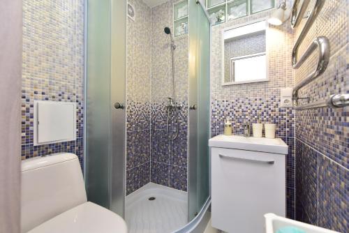 雲特史比斯的住宿－Butas Petera，浴室配有卫生间、淋浴和盥洗盆。