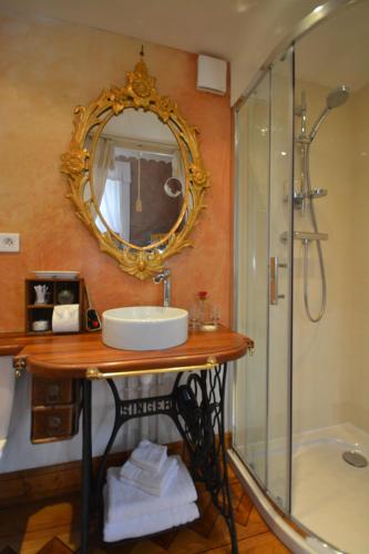 a bathroom with a sink and a mirror and a shower at Castelnau in Colmar