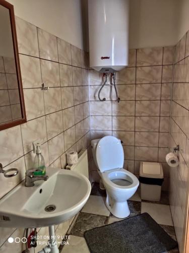 a bathroom with a white toilet and a sink at Hotel Ludza in Ludza