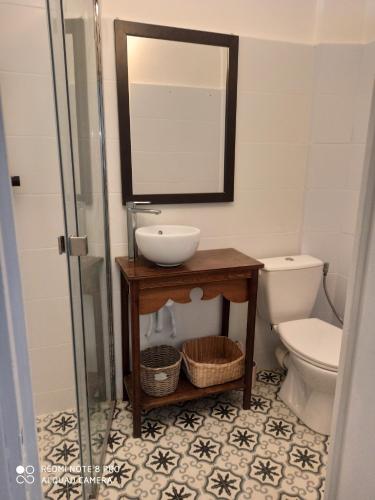 La salle de bains est pourvue d'un lavabo et de toilettes. dans l'établissement Joli appartement niçois en bord de mer, à Nice