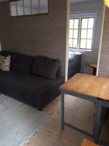 ein Wohnzimmer mit einem Sofa und einem Tisch in der Unterkunft Stuga med havsutsikt i Sankt Anna in Sankt Anna