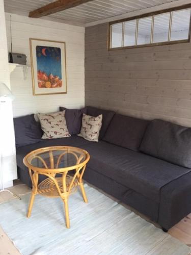 ein Wohnzimmer mit einem schwarzen Sofa und einem Tisch in der Unterkunft Stuga med havsutsikt i Sankt Anna in Sankt Anna