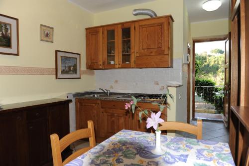 a kitchen with a table with a vase on it at Residence Vacanza Mare in Campo nell'Elba