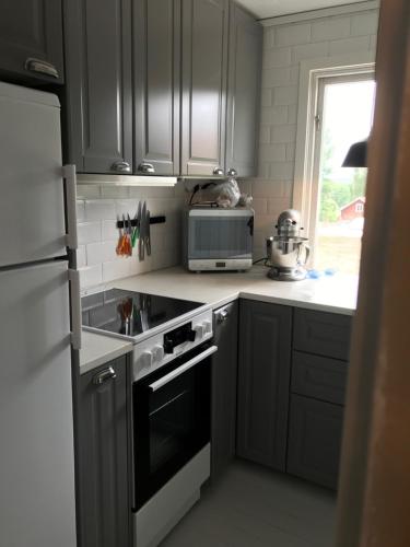 a kitchen with gray cabinets and a stove top oven at Havsutsikt i Sankt Anna in Sankt Anna