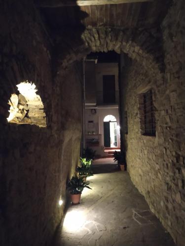 einen dunklen Flur mit einem Torbogen in einem Steingebäude in der Unterkunft KISS from CILENTO in Celso