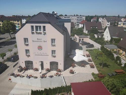 an aerial view of a building in a city at Hotel Haunstetter Hof Augsburg in Augsburg