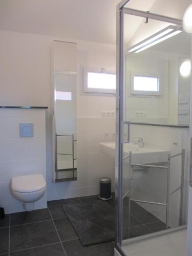 une salle de bain avec toilettes et lavabo dans l'établissement Les Verdurettes, à Soustons